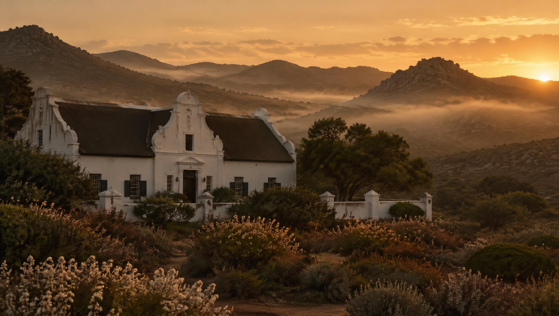 A whitewashed Cape Dutch homestead among misty fynbos and koppies at dusk